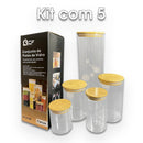 MEGA KIT Com 5 Potes Herméticos Com TAmpa de Bambu