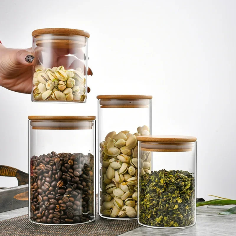 MEGA KIT Com 5 Potes Herméticos Com TAmpa de Bambu